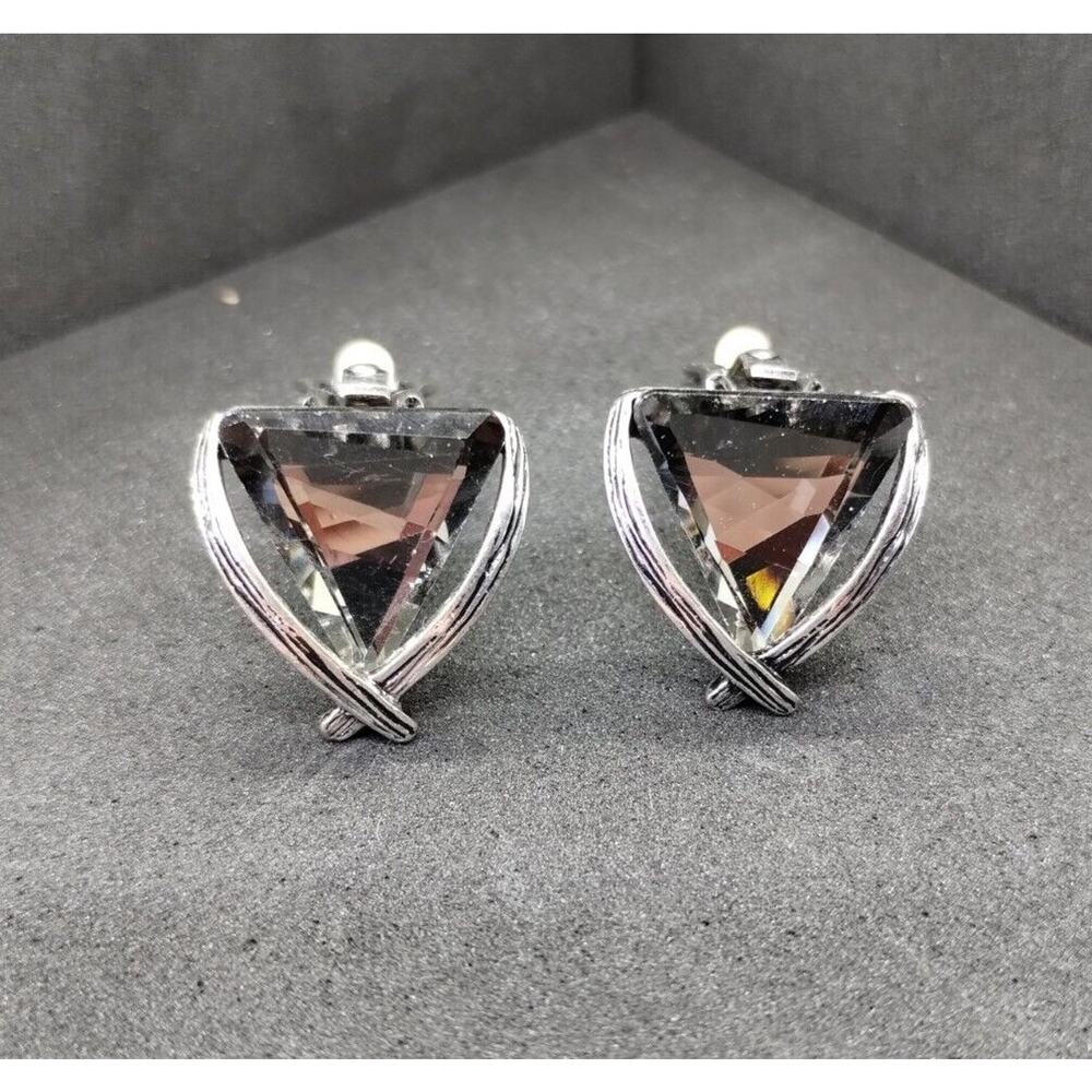 Silver Tone Clip On Earrings - Gray Stone - Triangles